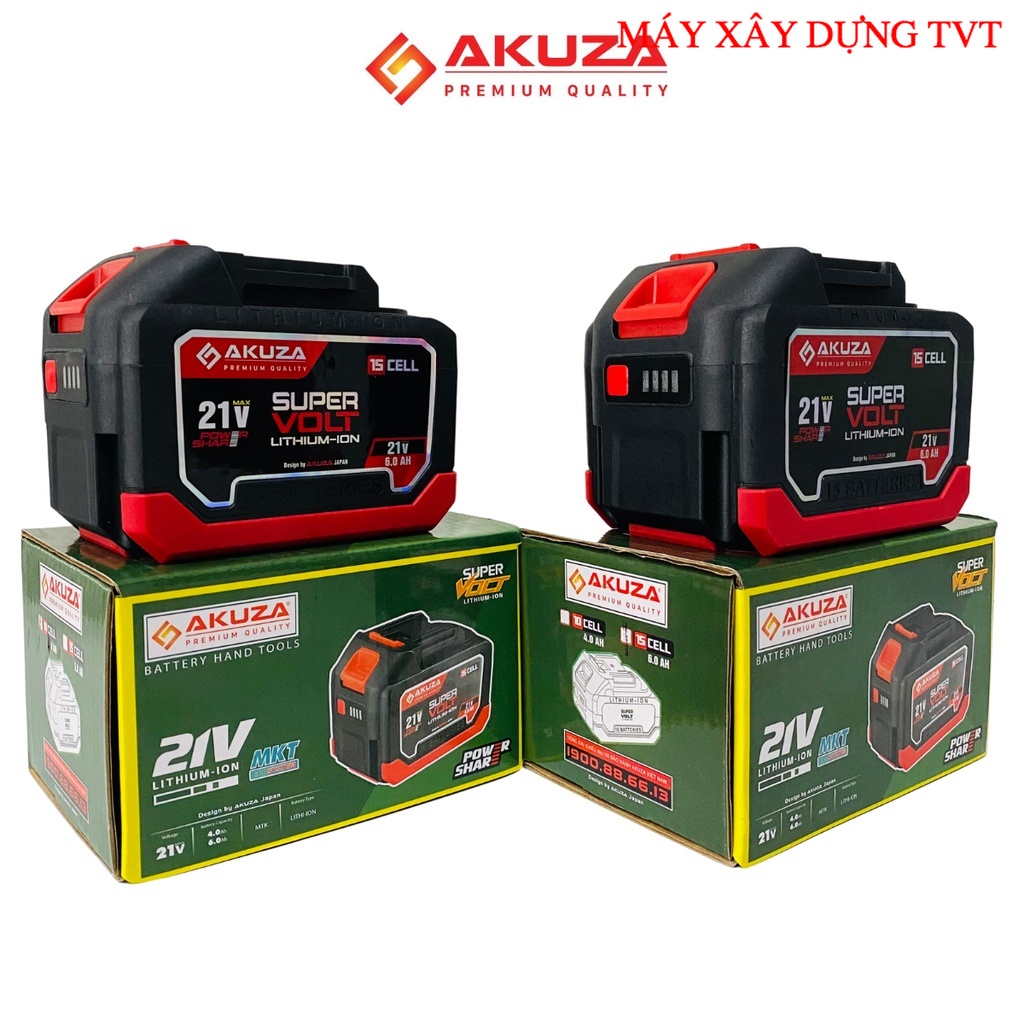 Pin Akuza 10cell và 15cell 21V có đèn báo pin - chân pin phổ thông dùng cho máy khoan, Máy siết bulong,  TVT