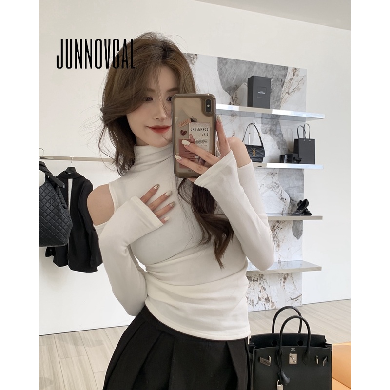 Áo thun nữ JUNNOVGAL tay dài hở vai cổ cao nửa thời trang mới 2023