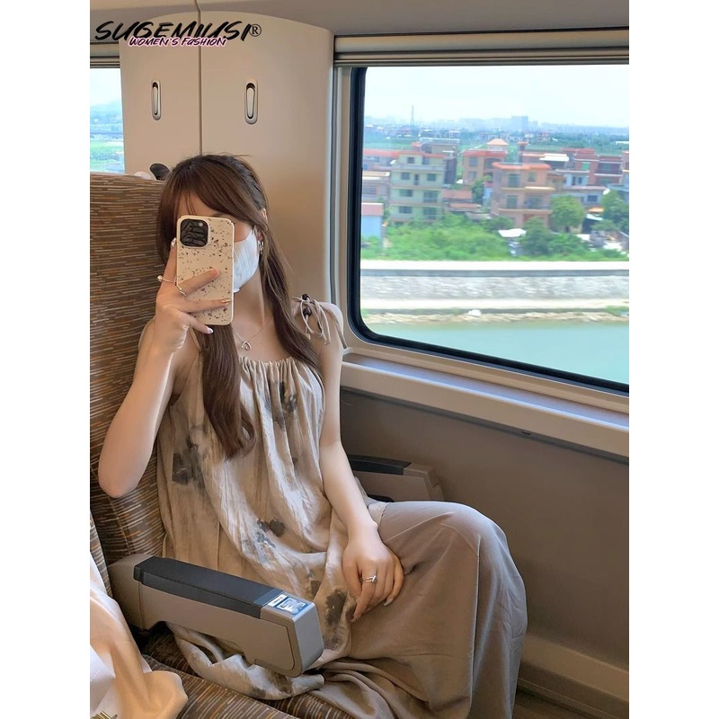 Sugemiusi Đầm Hai Dây Nhuộm Màu Phong Cách Pháp Thời Trang Mùa Hè Cho Nữ