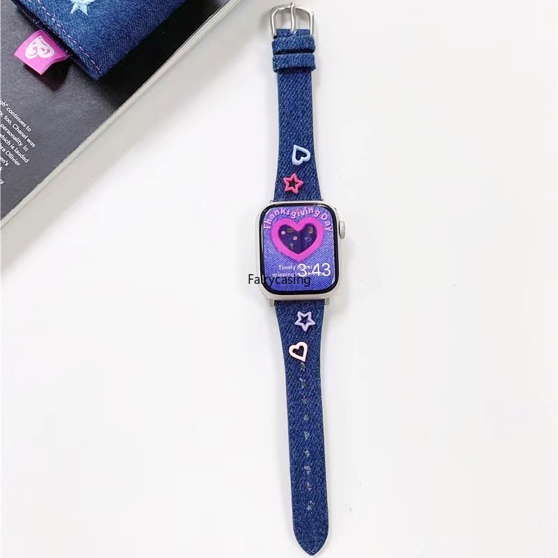 Dây đeo bằng da phong cách giải trí cho iwatch series ultra 8 6 6 6 se y2k denim girl bracelet cho apple watch dây đeo 41mm 40mm 45mm 38mm 49mm phụ kiện