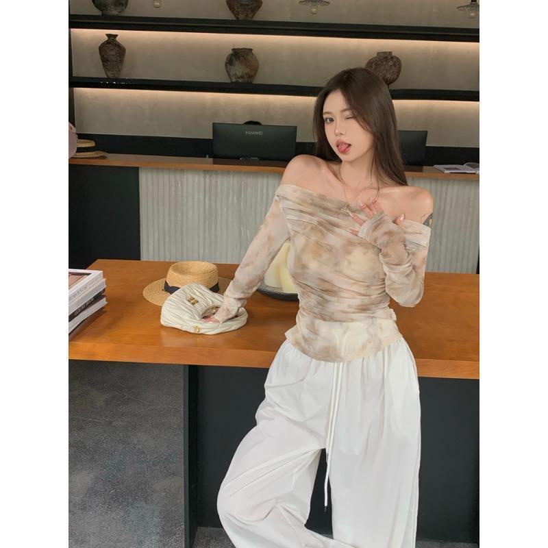 Áo Kiểu Trễ Vai Dài Tay Họa Tiết Màu Nhuộm Phong Cách Pháp Thời Trang