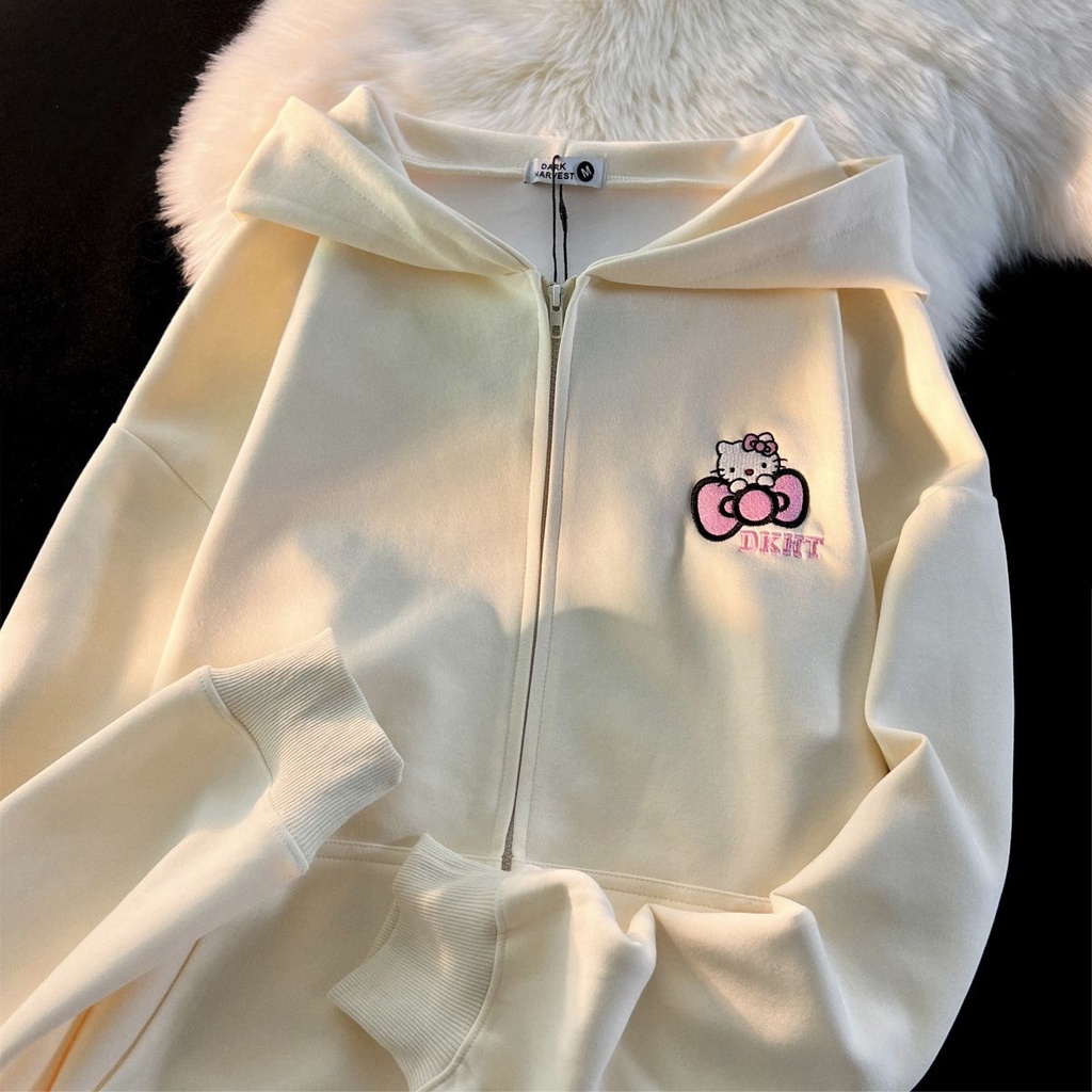 Áo Khoác Hoodie Có Khóa Kéo Thêu Hình Mèo kitty Dễ Thương