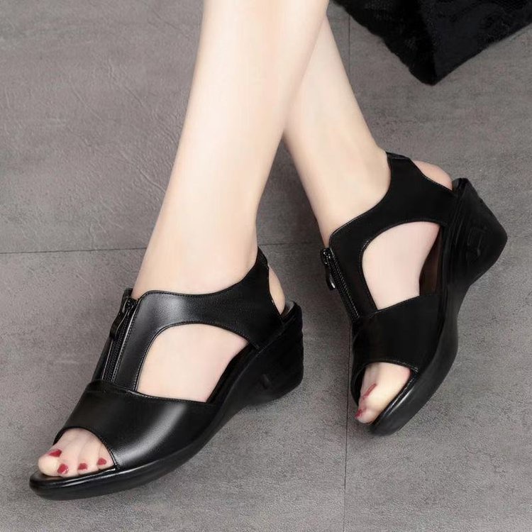 Giày Sandal Hở Mũi Phối Khóa Kéo Thoáng Khí Phong Cách Âu Mỹ