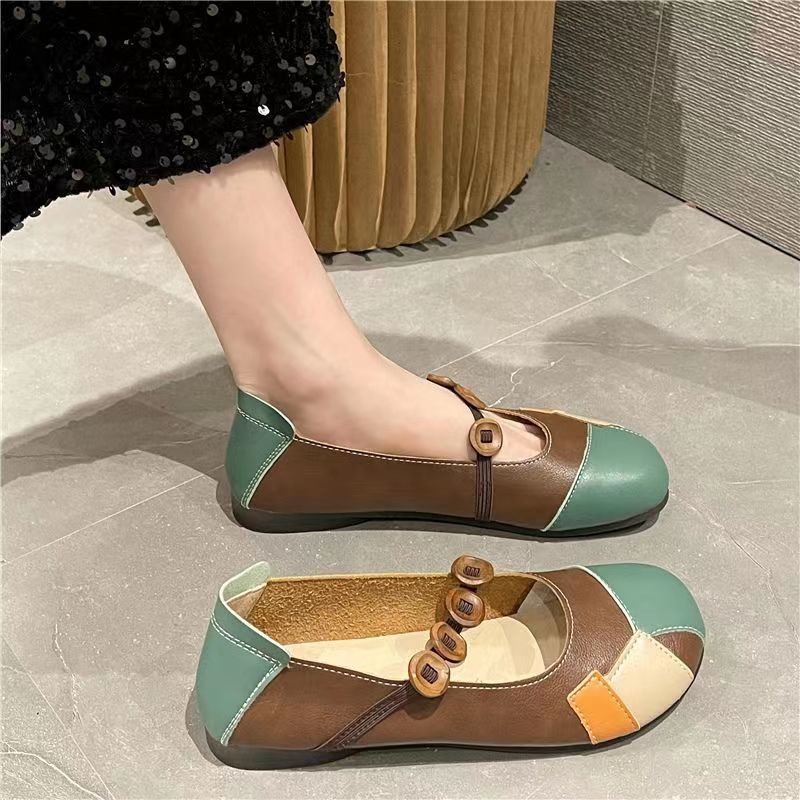 Da thật đế mềm phong cách mới giày đế gân bò mẹ giày da mùa xuân thu giày da phong cách dân tộc giày nữ thoải mái phẳng retro giày đơn