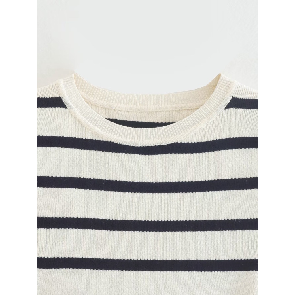 Zara phong cách mới mùa thu sọc căng ngắn dệt kim t-shirt