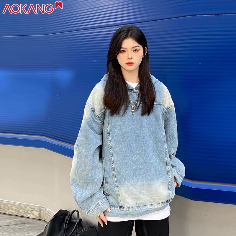 Aokang áo khoác có mũ trùm đầu màu xanh lam thiết kế cổ điển mỹ áo len denim cặp đôi làm quần áo cũ