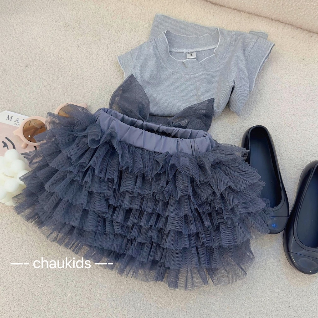 SET ÁO SÁT NÁCH TĂM PHỐI CHÂN VÁY TẦNG ĐÍNH NƠ CHO BÉ GÁI SIZE 8-18KG