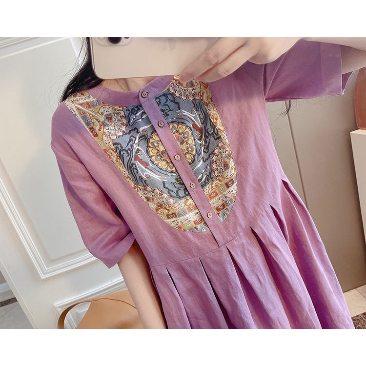 Ice cotton linen pick-up leak counter return tail order in stitching cotton linen short-sleeved dress women loose casual slimmer