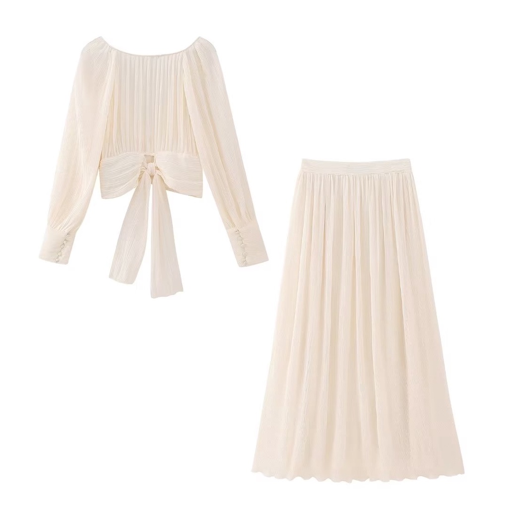 Zara blouses nữ phong cách mới trở lại nơ áo sơ mi ren-up7969231+ Váy xếp ly eo cao9878170
