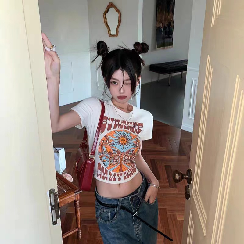 GgFashion Áo Thun Baby Tee Nữ Cổ Tròn Hè Tay Ngắn Phong Cách Retro, Thời Trang Xinh Xắn