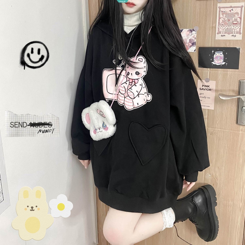 Phim hoạt hình dễ thương gấu thêu phụ nữ áo hoodie rời dài tay áo khoác có mũ trùm đầu mùa thu đông retro pocket áo khoác ngoại cỡ [gm]