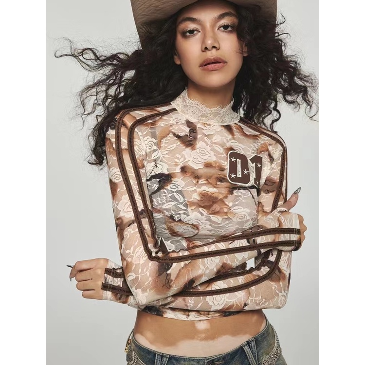 1jinn studio contrast color retro lace hot girl long-sleeved t-shirt half-high collar slim fit with micro-permeable long-sleeved bottom shirt