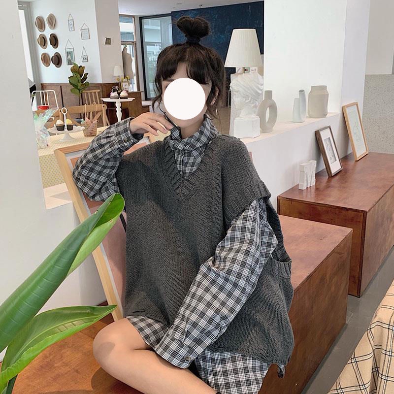 Set Áo Len Không Tay + Áo Sơ Mi Dài Tay Phong Cách Hàn Quốc Dành Cho Nữ