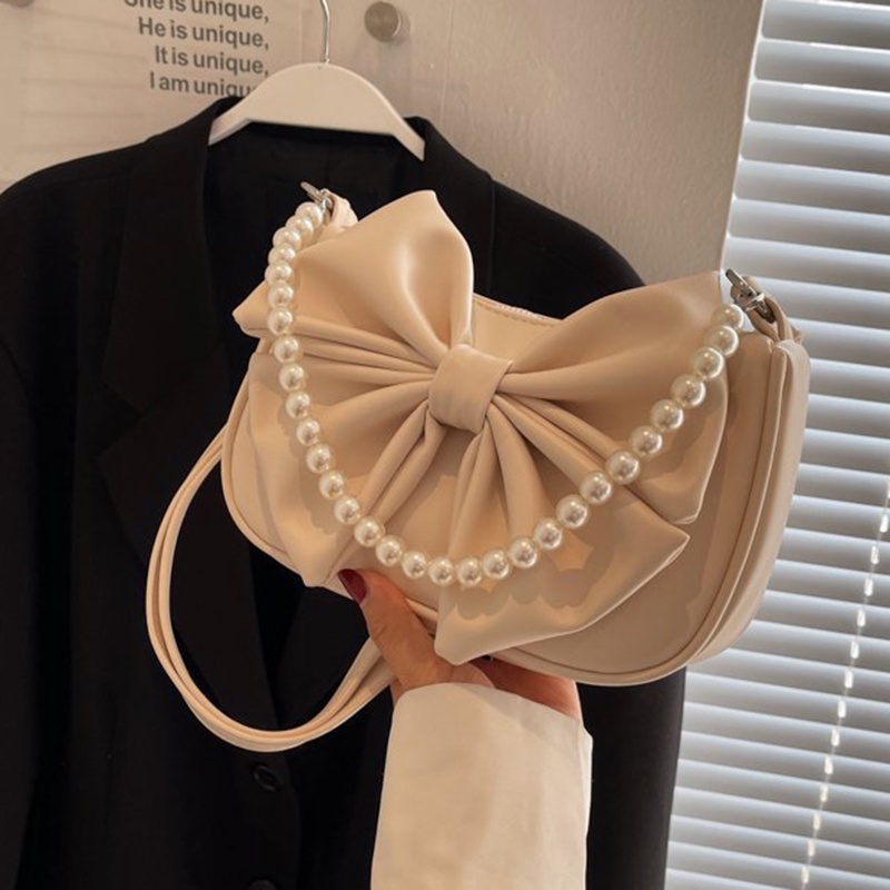 Túi đeo vai IELGY trang trí nơ và chuỗi hạt ngọc trai nhân tạo nhỏ gọn thời trang dành cho nữ