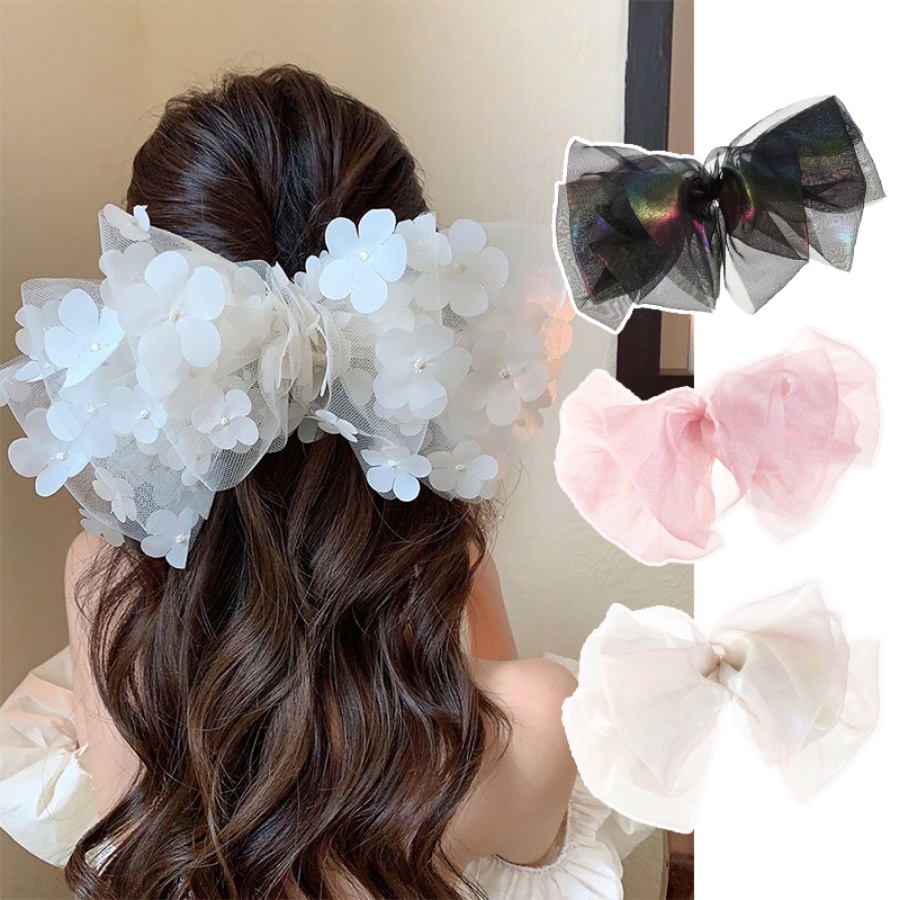 Kẹp Tóc Hình Nơ Phối Lưới Đính Ngọc Trai Phong Cách Hàn Quốc Thời Trang Cho Nữ