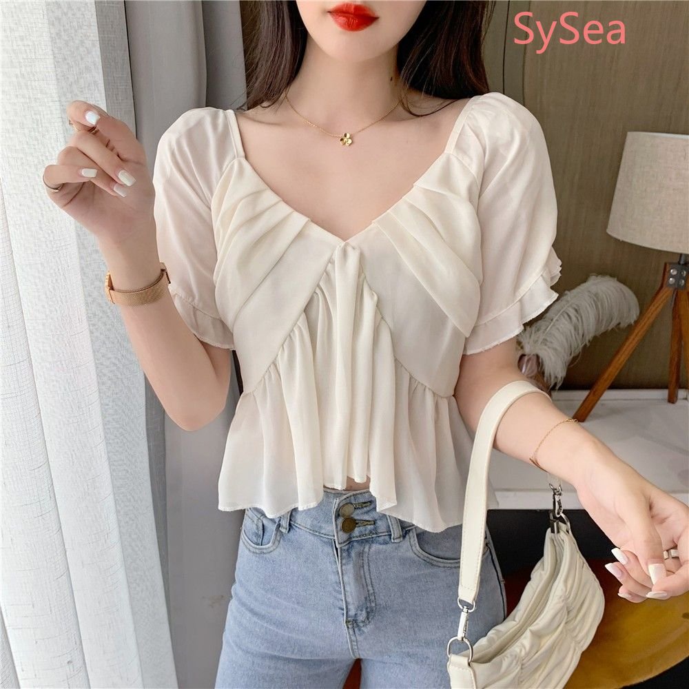 Áo Kiểu Vải Voan Tay Ngắn Cổ Chữ V Thời Trang Hè Trẻ Trung Cho Nữ