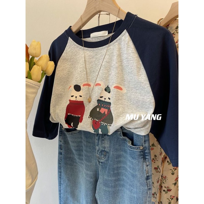 [Giới Hạn Thời Gian Đặc Biệt] Áo Thun Raglan Cotton Nguyên Chất Cỡ Lớn 300KG mm In Họa Tiết Màu Sắc Đối Lập Mùa Hè Cho Nữ