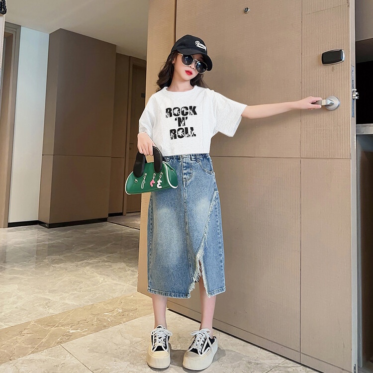 Set Áo Thun Ngắn Tay Và Chân Váy Denim Thời Trang Mùa Hè Cho Bé Gái