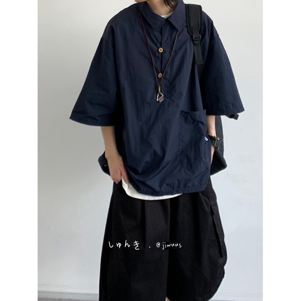 Áo Sơ Mi Xanh Navy Ngắn Tay Dáng Rộng Phong Cách Retro Mùa Hè Cho Nam Nữ