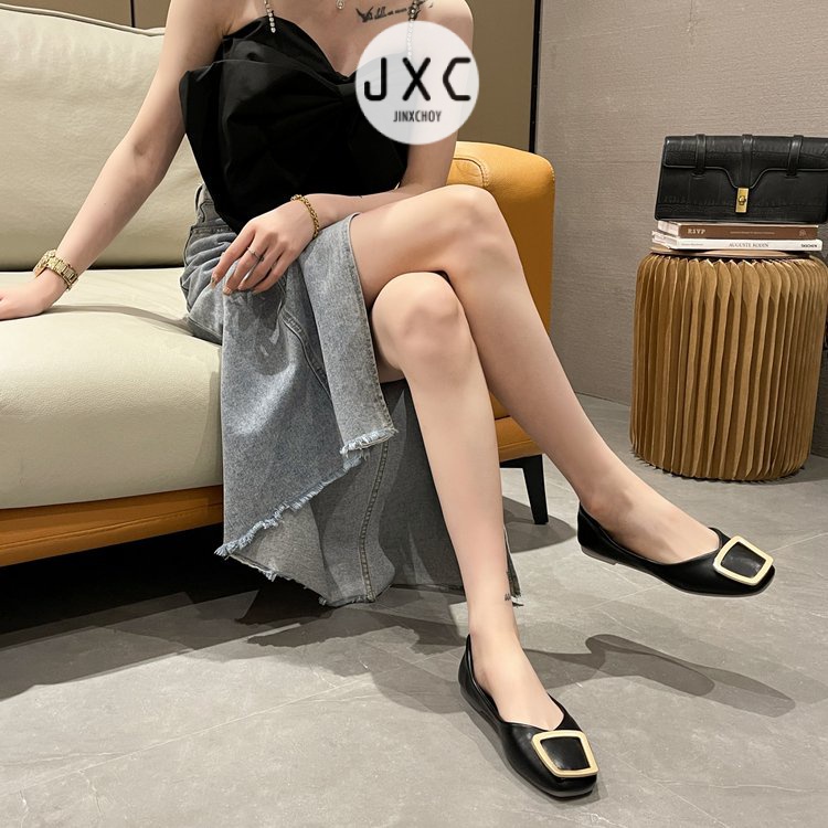 JINxCHOY Giày da mềm gót thấp mũi vuông màu trơn đơn giản thoải mái thời thượng