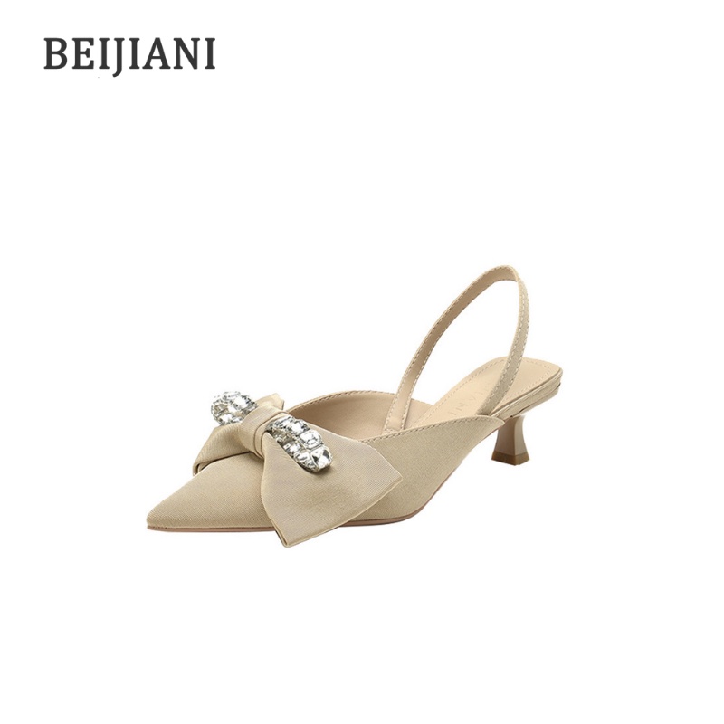 BEIJIANI Chính Hãng Xăng đan Cao Gót 3cm Mũi Nhọn Hở Lưng Đính Đá Thắt Nơ Cho Nữ