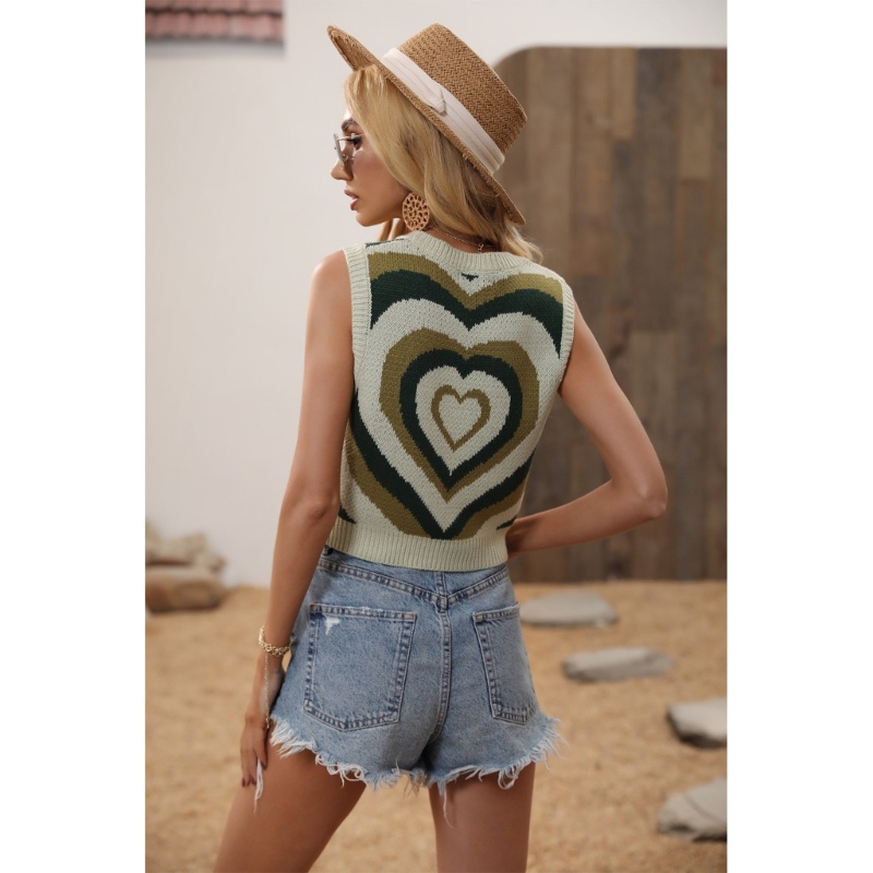 Áo Sweater Dệt Kim Không Tay Cổ Tròn In Hình Trái Tim Nhiều Màu Sắc Gợi Cảm Cho Nữ