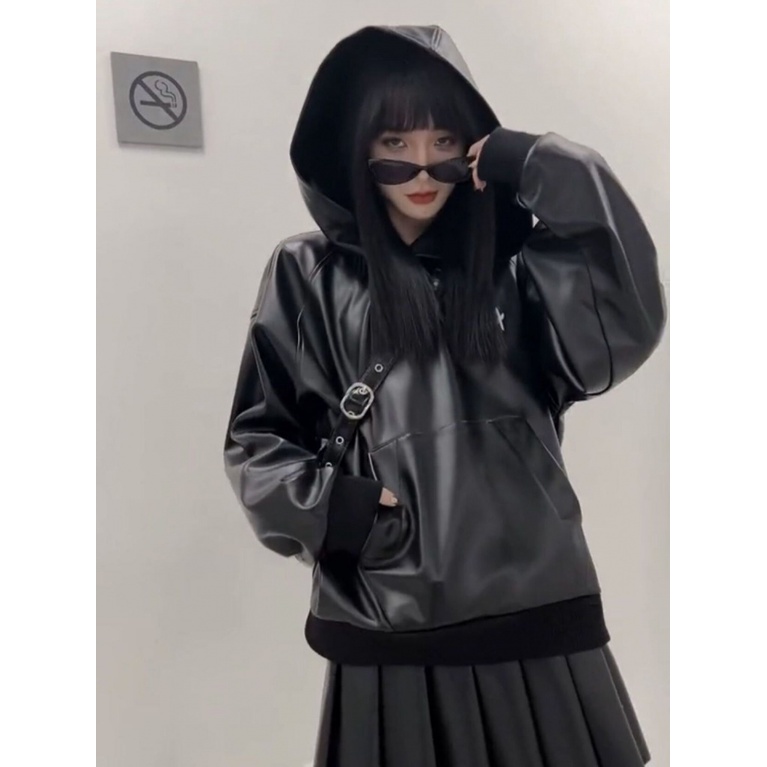 Áo Hoodie Da Pu Dáng Rộng Phong Cách Mỹ Thời Trang Xuân Thu 2023