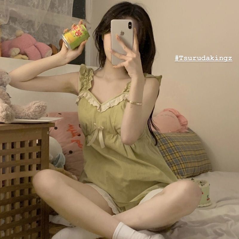 Bộ Đồ Ngủ Hai Dây Phối Ren Có Miếng Đệm Ngực Thời Trang Mùa Hè Cho Nữ