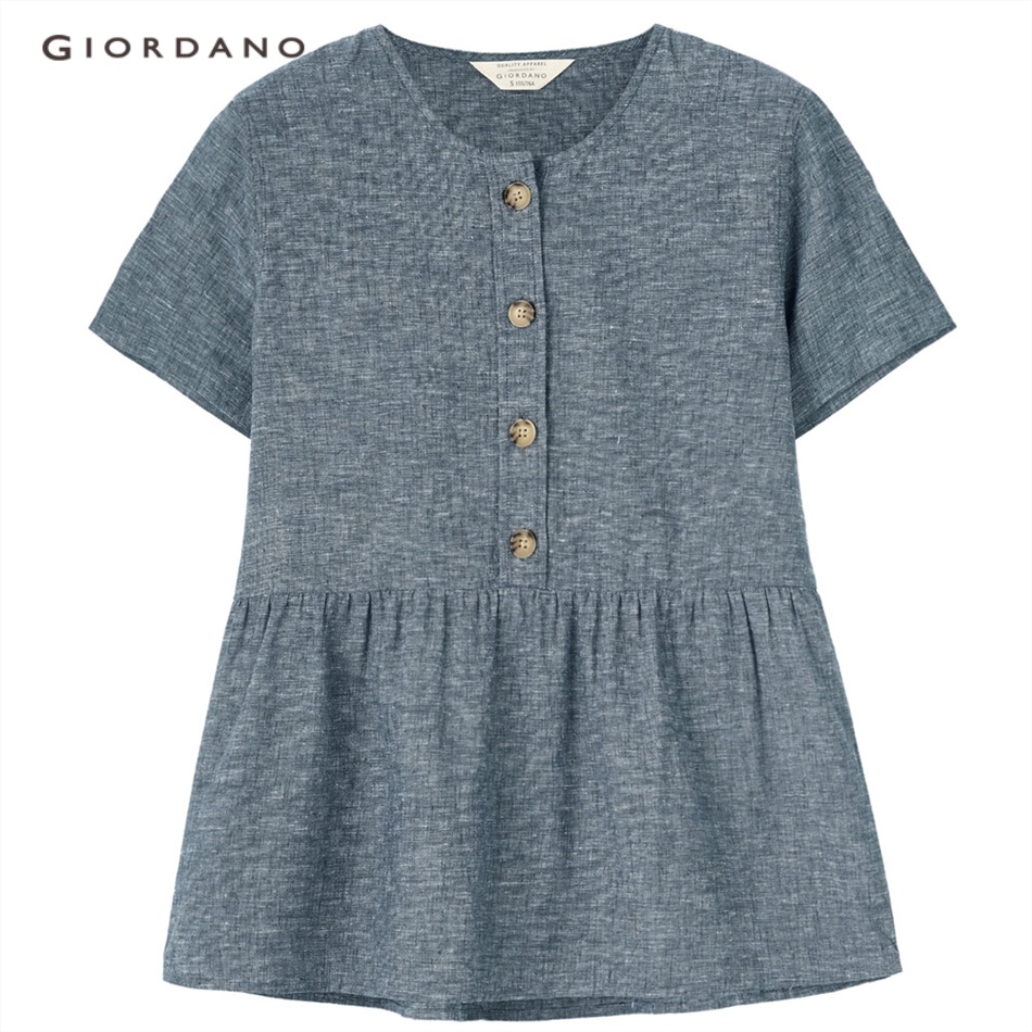 GIORDANO WOMEN Linen cotton ruffle hem short sleeve shirt 05343460