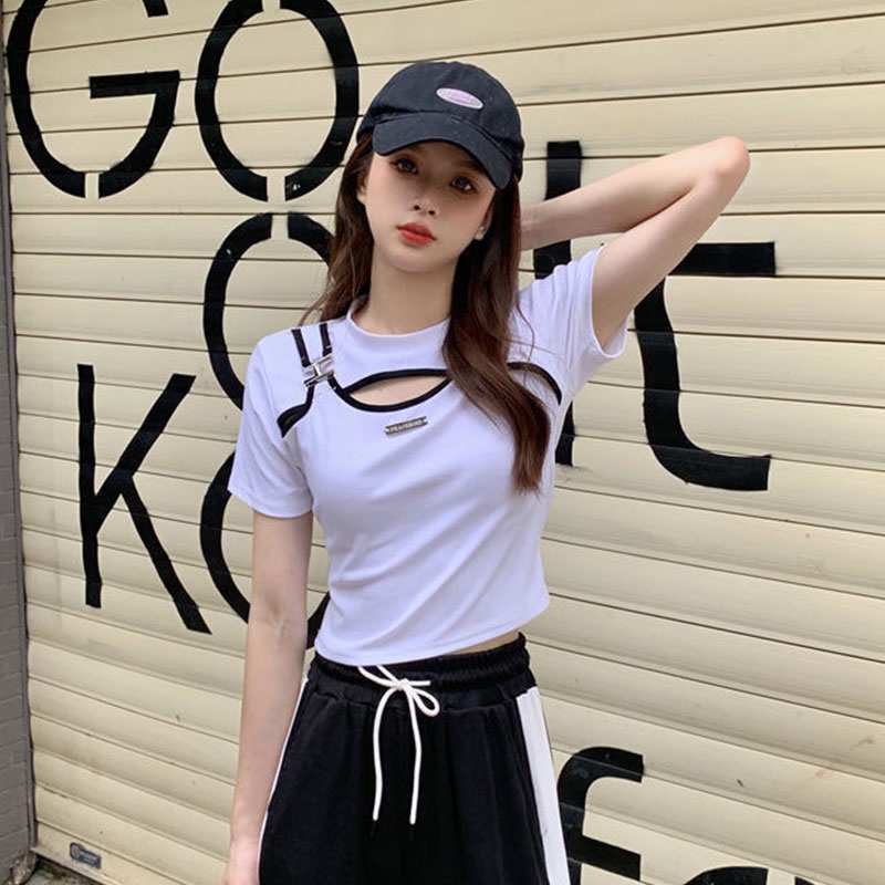 Áo Thun Tay Ngắn Cổ Tròn Dáng Ôm Thiết Kế Khoét Lỗ Đơn Giản Thời Trang Mới