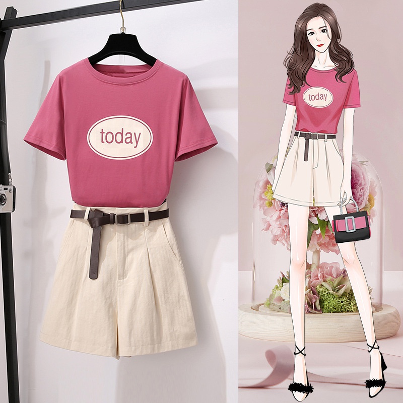 Phiên bản Hàn Quốc của bộ đồ bộ đồ hai mảnh dành cho nữ bộ đồ giản dị nhỏ cao mùa hè thời trang giản dị mới quần short giảm tuổi