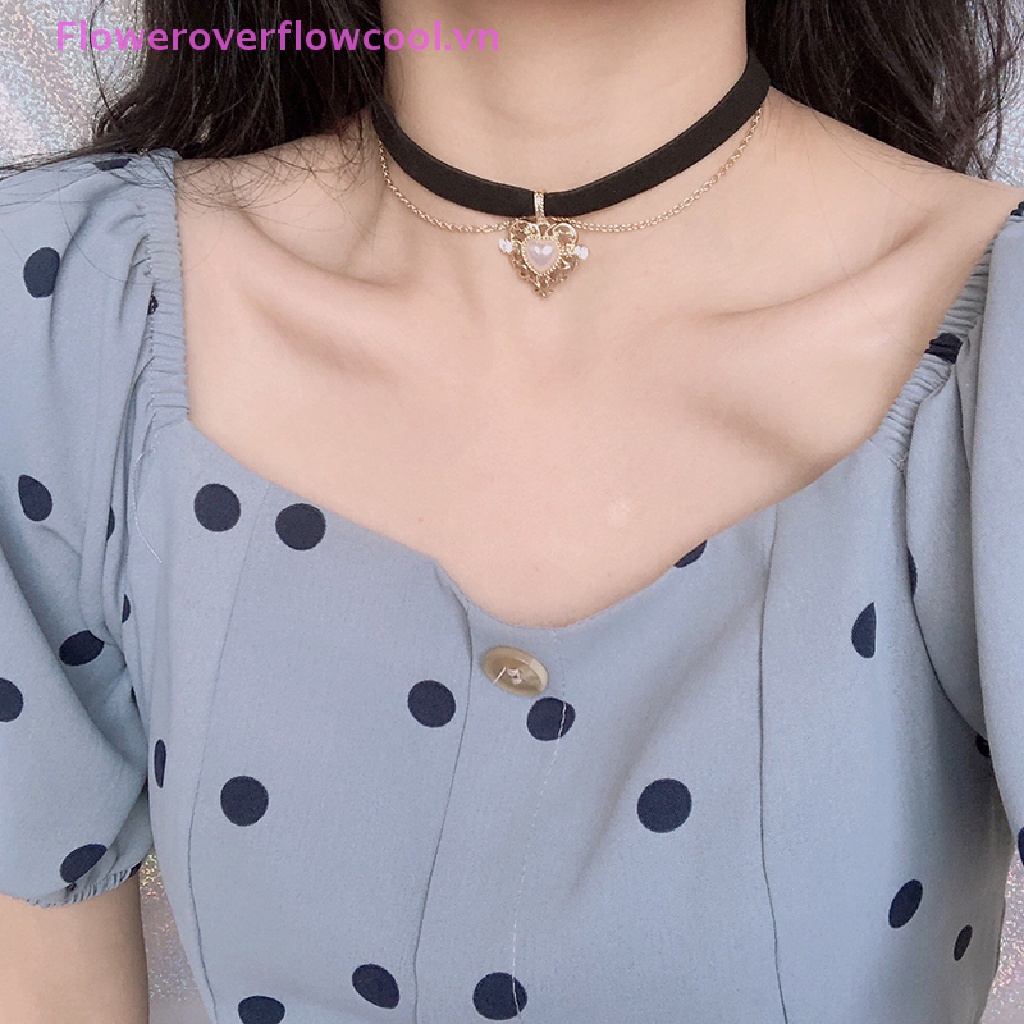 Vòng Cổ Choker Dây Nhung Đen Mặt Trái Tim Phong Cách Vintage