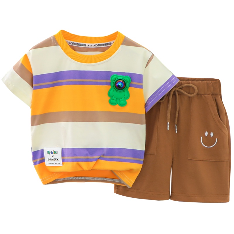 Set Đồ Mùa Hè 2 Món Gồm Áo Thun Cotton Tay Cộc Có Viền Đèn Nhấp Nháy + Quần Ngắn Kẻ Sọc Thời Trang Hàn Quốc Cho Bé Trai 0 -