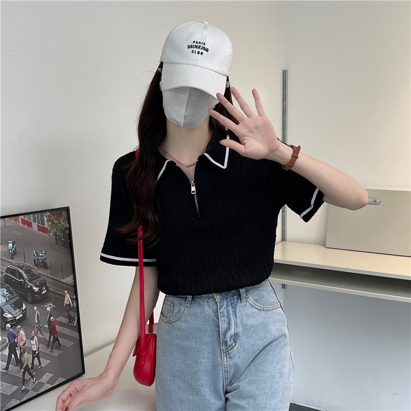 Áo thun jacquard ngắn tay kéo kéo thời trang phụ nữ