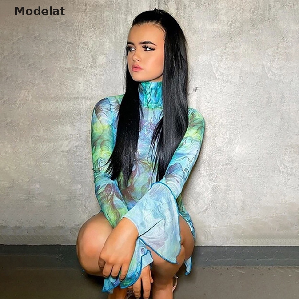 Mfc Đầm Mini Cổ Lọ Tay Dài Phối Lưới In Họa Tiết Trừu Tượng Thời Trang 2023