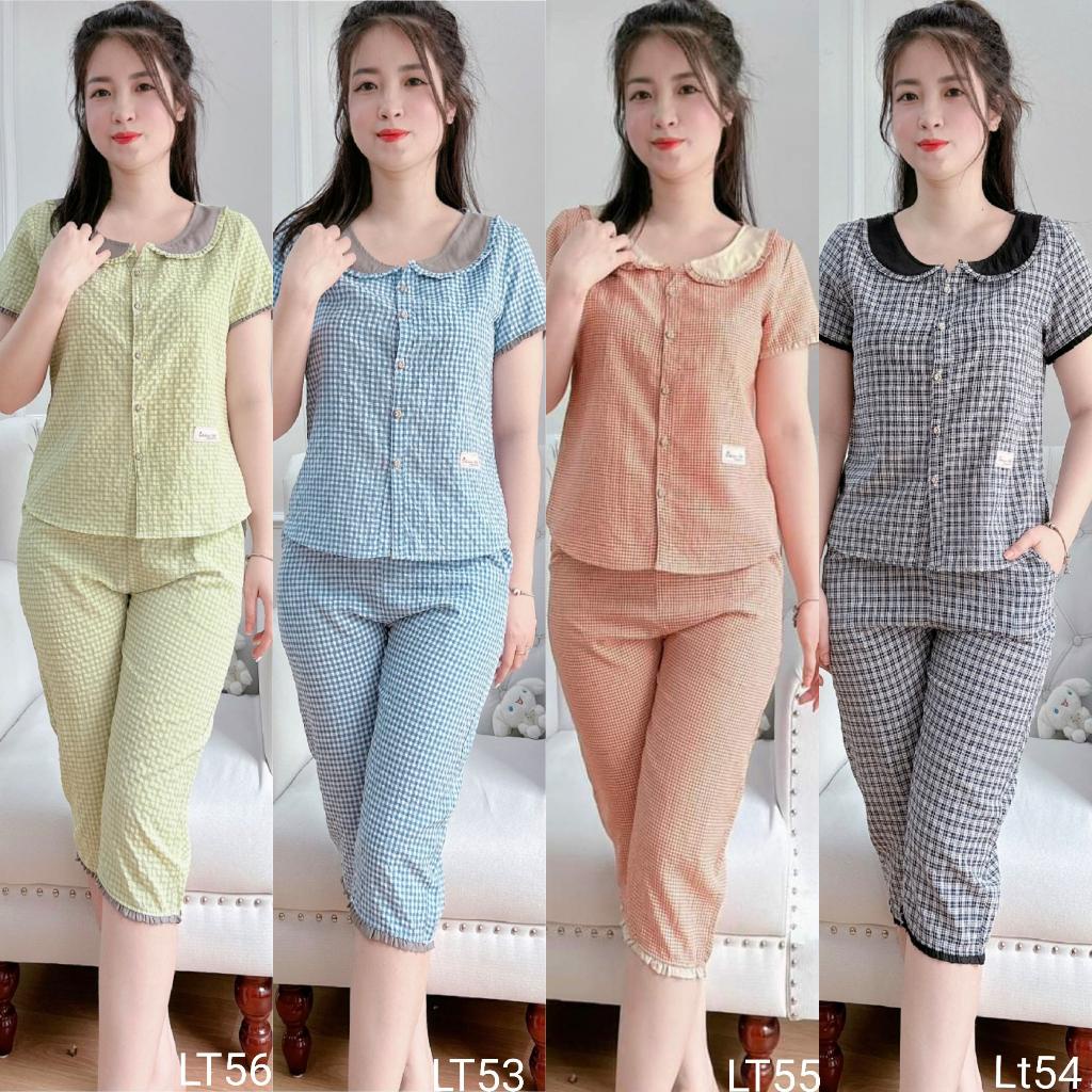 Sét đồ bộ mặc nhà nữ(BunnySky) quần áo mẫu lửng cổ sen khuy cài chất liệu kẻ thô mềm