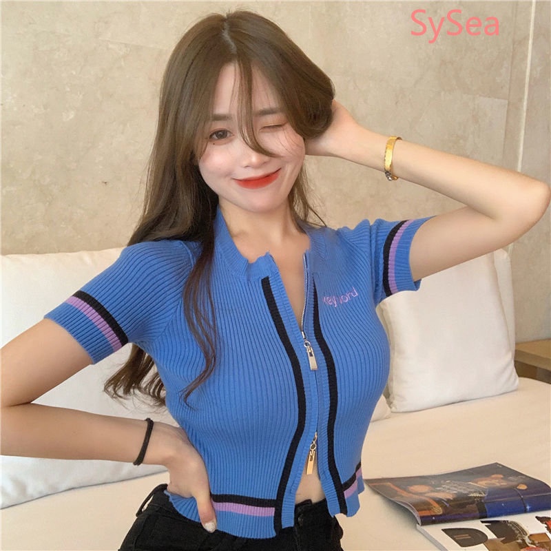 Áo Croptop Dệt Kim Phối Khóa Kéo Phong Cách Hàn Quốc Cho Nữ