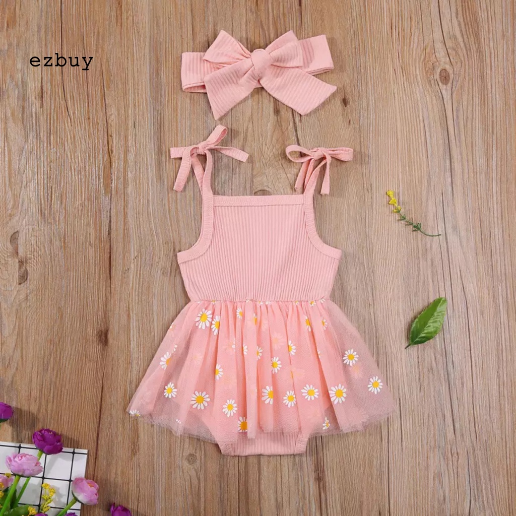 [EY] Bộ Áo Liền Quần Màu Trơn Thắt Nơ In Hoa Phối Lưới Kèm Băng Đô Cài Tóc Cho Bé Gái