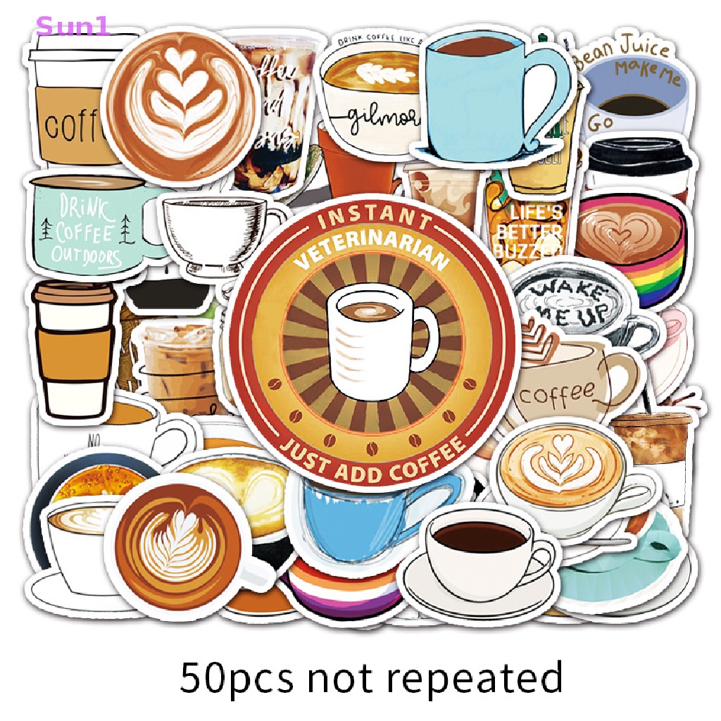 Set 50 Sticker Họa Tiết Cà Phê Hoạt Hình Trang Trí Laptop / Xe Scooter DIY