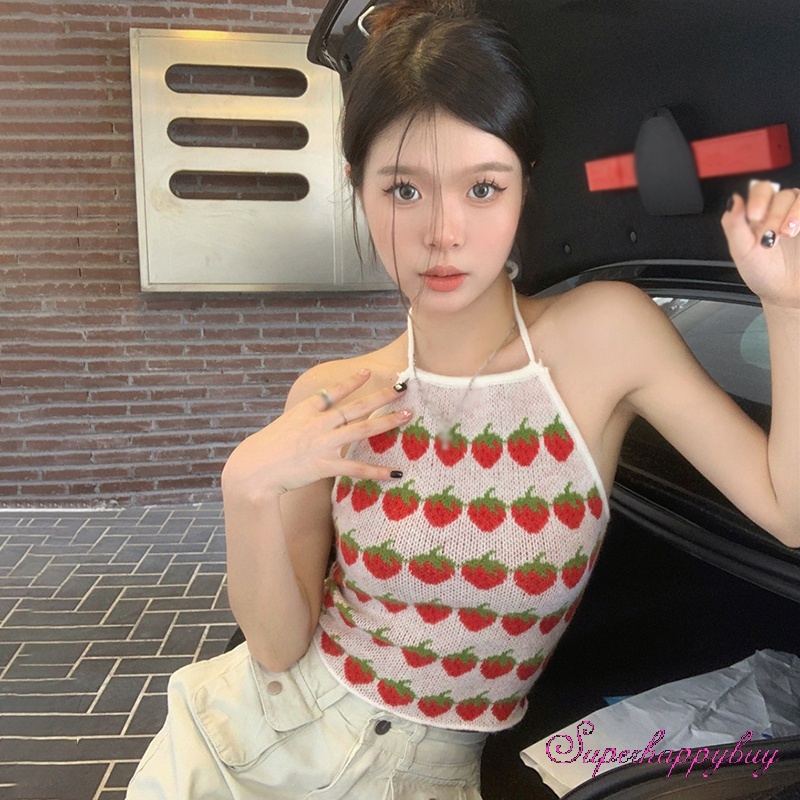 Áo Tank Top Dệt Kim Hai Dây Dáng Ôm In Họa Tiết Dâu Tây Xinh Xắn Thời Trang Cho Nữ
