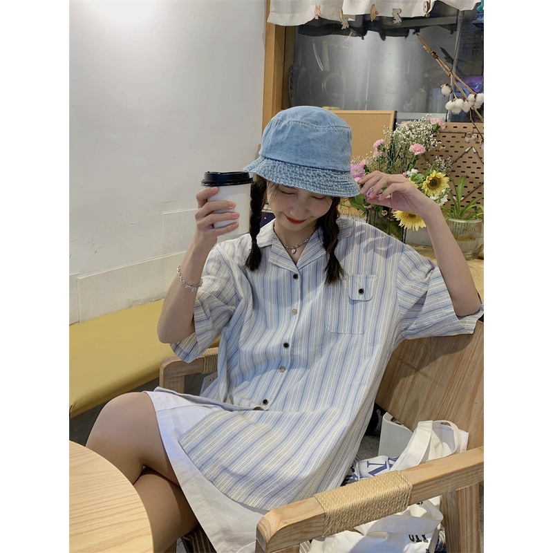 Áo Sơ Mi Tay Ngắn Dáng Rộng Họa Tiết Kẻ Sọc Phong Cách Hàn Quốc Thời Trang Mùa Hè Cho