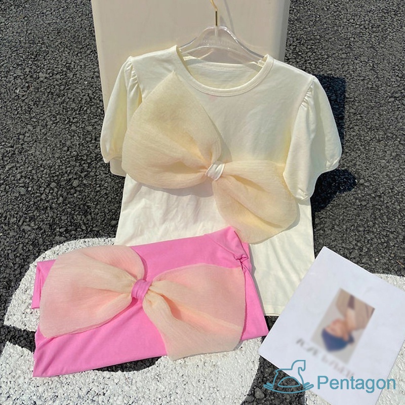 Đầm Tay Ngắn Cổ Tròn Dáng Suông Đính Nơ To Thời Trang Mùa Hè Xinh Xắn Cho Bé Gái