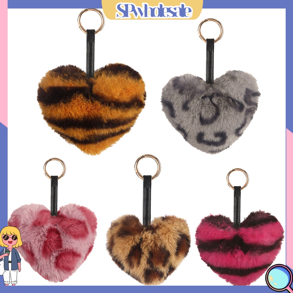 <SPwholesale> Móc Khóa Hình Trái Tim Họa Tiết Da Báo Bằng Lông Nhung Thời Trang