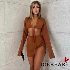 Set Áo Lửng Tay Dài Màu Sắc Trơn Và Chân Váy Ngắn Xinh Xắn Cho Nữ