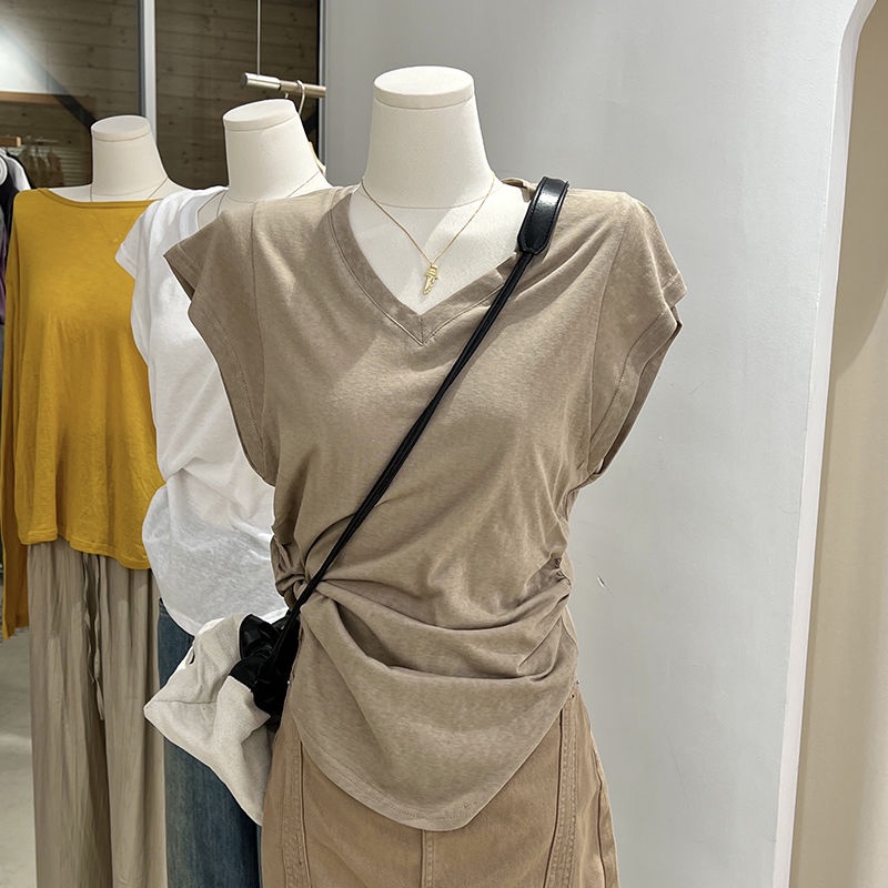Áo Thun Mỏng Dáng Rộng Cổ Chữ v Thiết Kế Xếp Ly Bên Hông Thời Trang Mùa Hè 2023 Phong Cách Mới Cho Nữ