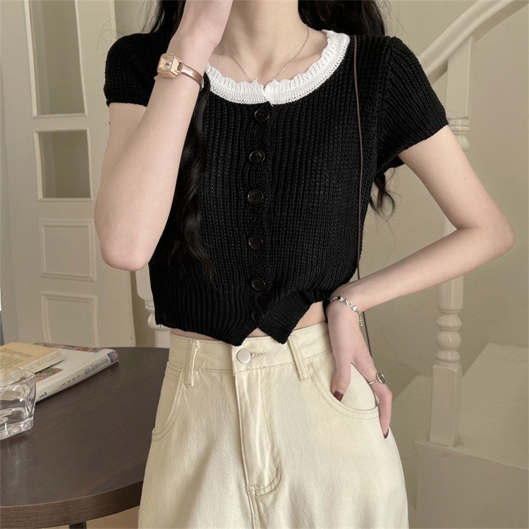 Áo len nữ dệt kim phối cổ màu croptop MS1130