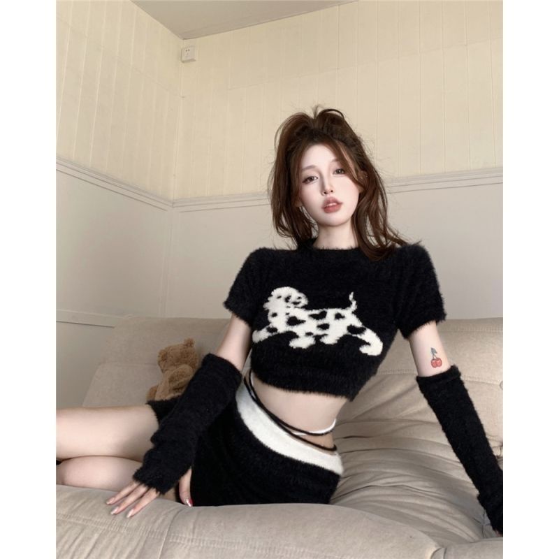 Bộ Áo Hai Dây Lông Chồn Mềm Mại + Chân Váy Buộc Dây Họa Tiết Hoạt Hình Dễ Thương Thời Trang Thu Đông 2022 Cho Bé