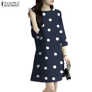Đầm ZANZEA cổ tròn tay 3 / 4 in họa tiết chấm bi phong cách Hàn Quốc thời trang cho nữ