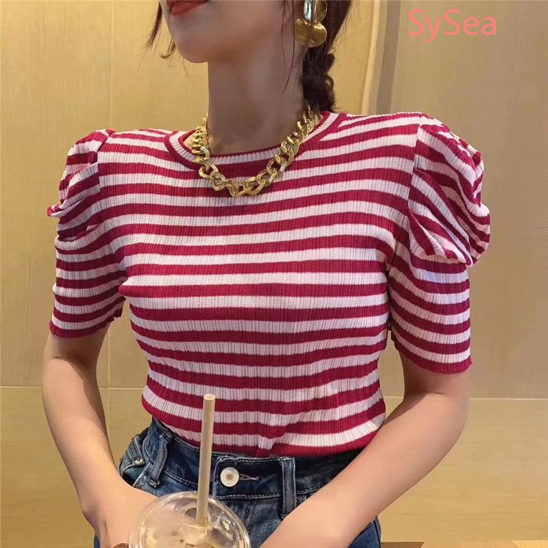 Áo Dệt Kim Tay Phồng Họa Tiết Kẻ Sọc Thời Trang Mùa Hè Hàn Quốc Cho Nữ