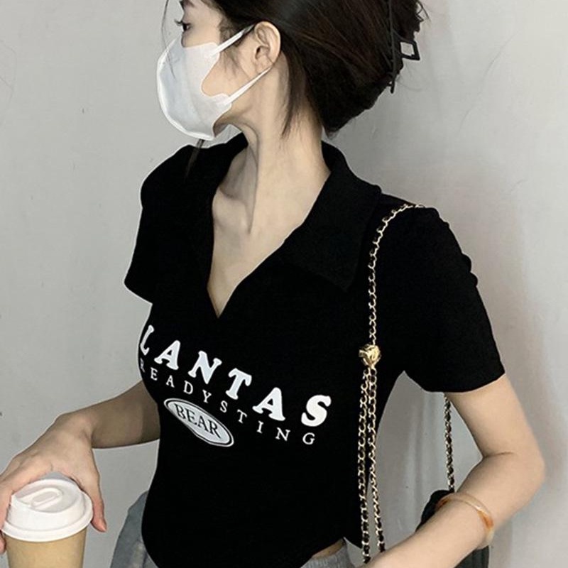 Áo Thun Nữ Ngắn Tay Cổ Chữ v Lệch Vai Màu Đen